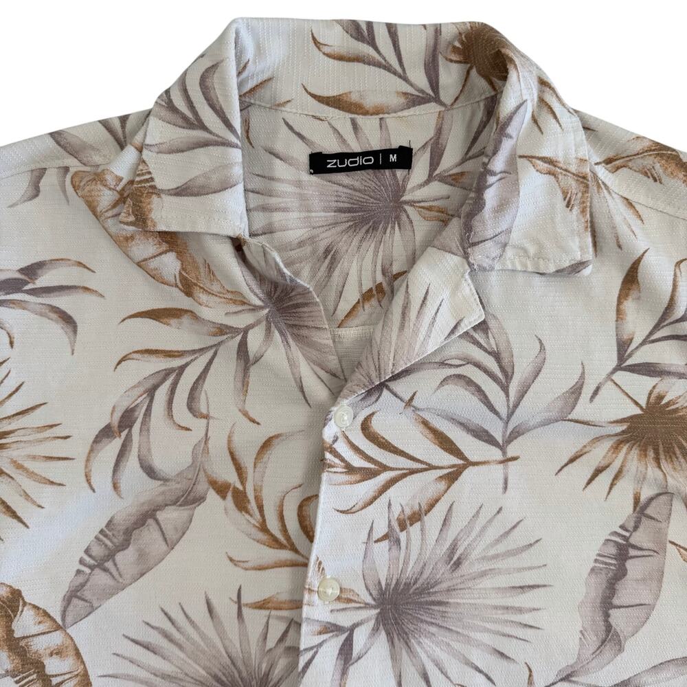 Zudio Hawaiian Shirt Men’s M Beige Tropical Leaf Print Short Sleeve Button Up